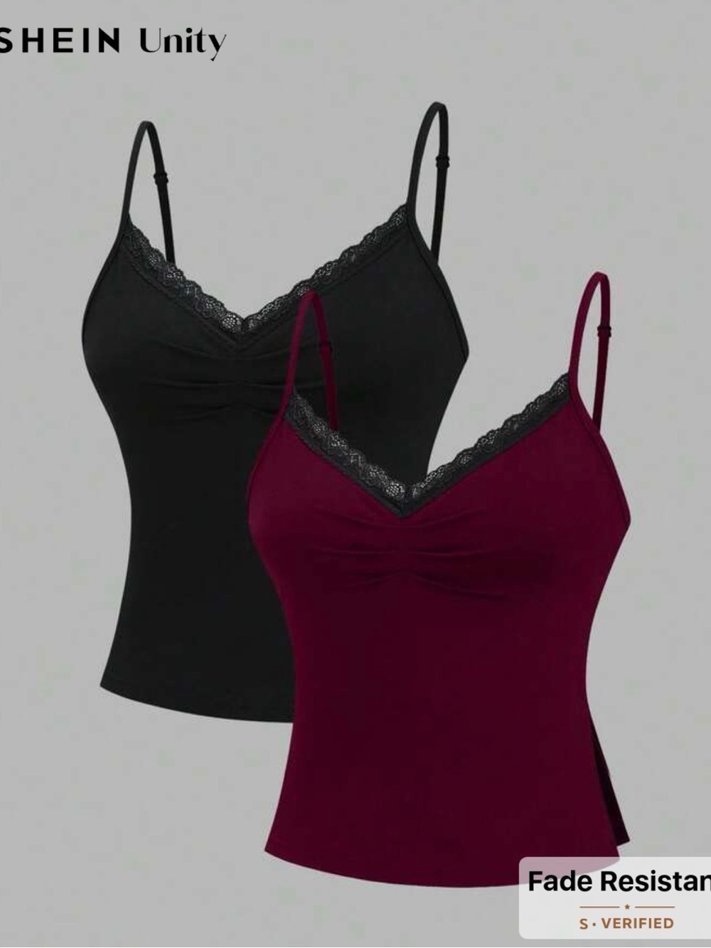 SHEIN Black & Burgundy Lace-Trim V-Neck Cami Tops